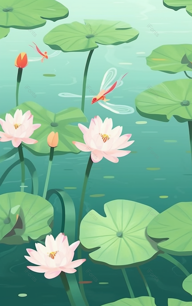 绿色立夏时节池塘里荷叶上飞舞的蜻蜓,插画/手绘图,插画/手绘图库,插画/手绘图下载,插画/手绘